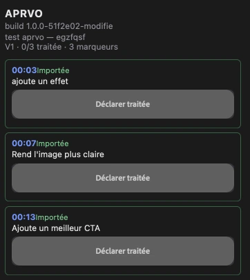 Panneau APRVO dans Premiere : trois retours importés, chacun à déclarer traité