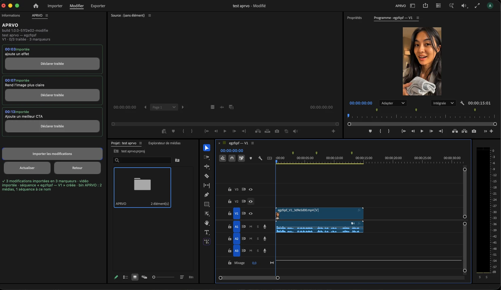Premiere Pro : le panneau APRVO à gauche, les trois marqueurs sur la timeline
